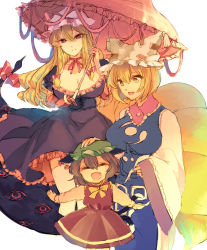 Rule 34 | 3girls, ^ ^, animal ears, animal hat, arms at sides, bad id, bad pixiv id, blonde hair, breasts, brown hair, bura, cat ears, cat tail, chen, cleavage, closed eyes, dress, elbow gloves, fox tail, gloves, hair between eyes, hand on another&#039;s head, hat, hat ribbon, highres, large breasts, long hair, long sleeves, looking at another, mob cap, multiple girls, multiple tails, open mouth, parasol, mob cap, puffy long sleeves, puffy sleeves, purple dress, purple eyes, red dress, ribbon, short hair, tabard, tail, touhou, umbrella, wavy hair, white dress, white gloves, wide sleeves, yakumo ran, yakumo yukari, yellow eyes, zun hat