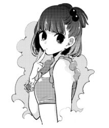 Rule 34 | 1girl, arima kana, breasts, center-flap bangs, closed mouth, eyelashes, fingernails, flower, frilled bikini top, from side, greyscale, hair bobbles, hair ornament, hand up, looking at viewer, looking to the side, monochrome, official art, one side up, oshi no ko, puckered lips, scrunchie, short hair, small breasts, solo, sunflower, third-party source, turning head, upper body, v, v over mouth, wrist scrunchie, yokoyari mengo