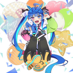 1girl ahoge animal_ears balloon black_pantyhose blue_eyes blue_hair blush boots character_name crossed_bangs happy_birthday heart_balloon heterochromia highres holding holding_stuffed_toy hood hood_down hoodie horse_ears horse_girl horse_tail knees_up long_hair long_sleeves looking_at_viewer open_mouth pantyhose pointing pointing_at_self purple_eyes sharp_teeth sitting smile solo sousuke_yuasa star_balloon stuffed_animal stuffed_rabbit stuffed_toy tail teeth twin_turbo_(umamusume) twintails umamusume yellow_boots