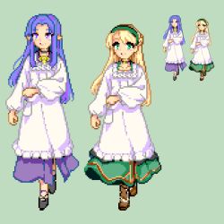 2girls apron black_footwear blonde_hair brown_footwear commentary_request dress emiya-san_chi_no_kyou_no_gohan fate/grand_order fate_(series) gerda_(fate) green_dress green_hairband hairband kappougi keykey117117 long_dress long_hair medea_(caster)_(fate) medea_(fate) multiple_girls pointy_ears purple_dress purple_eyes purple_hair smile