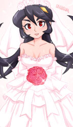 Rule 34 | 1girl, black hair, blush, bouquet, bridal veil, collarbone, dress, earrings, elbow gloves, facing viewer, filia (skullgirls), flower, gloves, holding, holding bouquet, jewelry, long hair, looking at viewer, red eyes, red lips, skullgirls, smile, solo, sparkle, veil, wedding dress