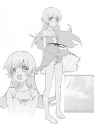 1girl :d bandaid bandaid_on_pussy barefoot closed_mouth dress expressionless fang flat_chest floating_hair greyscale halter_dress halterneck highres iniooooo jewelry long_hair looking_at_viewer monochrome monogatari_(series) necklace no_panties open_mouth oshino_shinobu pointy_ears simple_background sketch smile strap_slip v-shaped_eyebrows white_background