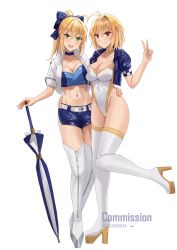 alternate_costume arcueid_brunestud artoria_pendragon_(fate) belt blonde_hair blue_jacket blue_shorts boots breasts cleavage commission company_connection crop_top cropped_jacket crossover fate/grand_order fate_(series) full_body green_eyes highleg highleg_leotard highres jacket large_breasts leotard long_hair official_alternate_costume planted planted_umbrella platform_footwear ponytail race_queen red_eyes saber_(fate) saber_(type-moon_racing)_(fate) short_hair short_shorts shorts simple_background skeb_commission smodzz998 standing strapless strapless_leotard thigh_boots thighhighs tsukihime type-moon umbrella v white_background white_belt white_jacket white_legwear white_leotard