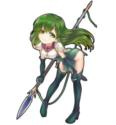 Rule 34 | 1girl, armor, ass, bent over, boots, breastplate, closed mouth, dress, elbow gloves, fingerless gloves, fire emblem, fire emblem echoes: shadows of valentia, full body, gloves, green dress, green eyes, green gloves, green hair, headband, highres, holding, holding polearm, holding weapon, leaning forward, long hair, looking at viewer, nintendo, no panties, palla (fire emblem), polearm, shoulder armor, simple background, smile, solo, spear, thigh boots, weapon, white background, yukiomi haku