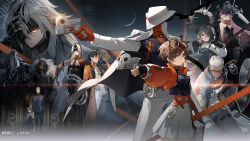 Rule 34 | 1other, 4boys, 5girls, aiming, black dress, black gloves, black hair, black hat, black shirt, brown hair, coat, coat on shoulders, crescent moon, dongming (xinyue tongxing), dress, eyewear on head, fangkuai (xinyue tongxing), finger on trigger, fingerless gloves, glasses, gloves, grey jacket, group leader (xinyue tongxing), gun, hair over one eye, hat, heitao (xinyue tongxing), highres, holding, holding gun, holding suitcase, holding weapon, jacket, long hair, looking at viewer, mingshuang (xinyue tongxing), miniskirt, moon, multiple boys, multiple girls, newsboy cap, night, night sky, open clothes, open jacket, orange-tinted eyewear, orange eyes, orange jacket, outstretched arm, pants, pink hair, pleated skirt, qianqiu (xinyue tongxing), round eyewear, shirt, short hair, skirt, sky, suitcase, tinted eyewear, weapon, white coat, white hair, white hat, white pants, white skirt, white sleeves, xingliang (xinyue tongxing), xinyue tongxing, yinguang (xinyue tongxing), zhongyuan (xinyue tongxing)