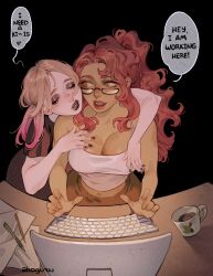 2girls ahageao49 arm_around_neck batman_(series) black_background black_eyeshadow black_lips black_nails black_shirt blonde_hair breasts cleavage coffee_mug colored_skin commentary computer_keyboard cup dc_comics english_commentary english_text eyeshadow fisheye glasses gradient_hair green_skin harley_quinn harley_quinn_(cartoon) highres large_breasts long_hair makeup mug multicolored_hair multiple_girls open_mouth pencil pink_hair poison_ivy red_hair red_lips shirt simple_background sitting speech_bubble tank_top twintails white_tank_top yuri