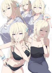 1girl absurdres black_bra black_panties blonde_hair blue_eyes blue_nails blue_pants bra bracelet breasts cleavage closed_mouth collarbone commentary_request grey_shirt gyaru gyaru_v hair_between_eyes hair_ornament hand_on_own_hip highres jewelry large_breasts long_hair looking_at_viewer misaki_nonaka mole mole_on_thigh multiple_views navel open_mouth original panties pants pink_nails school_uniform shirt simple_background stomach teeth translated two-tone_nails underwear underwear_only upper_teeth_only v v_over_mouth white_background