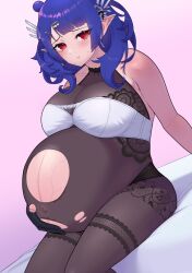 animal_ear_fluff bandeau blue_hair bodystocking bra breasts clothing_cutout dizzy_dokuro ear_ornament ear_piercing granary granary52 hand_on_own_stomach highres large_breasts looking_at_viewer navel_cutout phase_connect piercing pointy_ears pout pregnant_loli red_eyes sweat sweatdrop torn_clothes underwear veins