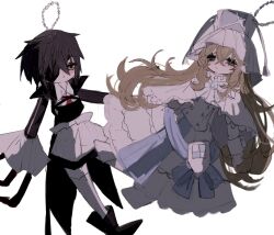 Rule 34 | 2girls, a umanee, black hair, dress, eyepatch, long coat, magical girl, mahou shoujo madoka magica, mahou shoujo oriko magica, medium hair, multiple girls, toy, white background, white dress