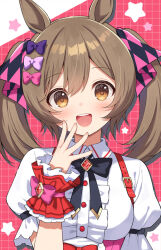 1girl :d animal_ears blush bow breasts brown_eyes brown_hair center_frills collared_shirt commentary_request frills hair_between_eyes hair_bow hand_up horse_ears looking_at_viewer mauve open_mouth pink_bow puffy_short_sleeves puffy_sleeves purple_bow shirt short_sleeves small_breasts smart_falcon_(umamusume) smile solo star_(symbol) twintails umamusume upper_body white_shirt wrist_cuffs