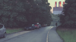Rule 34 | 1boy, absurdres, architecture, building, car, day, grass, highres, lamppost, motor vehicle, outdoors, raised curb, road, science fiction, sidewalk, simon stalenhag, sky, solo, street, swedish machines, tree, van, wheel