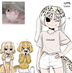 &gt;:) 3girls :d annoyed arm_at_side artist_name black_hair black_sclera blonde_hair bob_cut bow bowtie breasts brown_eyes cardigan closed_mouth clothes_writing collarbone colored_sclera cowboy_shot creature_and_personification double_bun dress excited frown furry furry_female gecko gegegekman gradient_eyes gradient_hair hair_between_eyes hair_bun hair_up hand_on_own_hip hands_on_own_cheeks hands_on_own_face happy highres lizard lizard_tail long_hair long_sleeves looking_at_another looking_at_viewer multicolored_eyes multicolored_hair multiple_girls neck_ribbon one_eye_closed open_mouth original parted_lips personification photo-referenced pleated_dress pleated_skirt puffy_short_sleeves puffy_sleeves reference_inset reptile_girl ribbon shirt short_hair short_sleeves sidelocks signature skirt slit_pupils small_breasts smile sparkle spotted_hair spotted_tail standing star_(symbol) sweatdrop tail thigh_gap twintails twitter_username two-tone_dress two-tone_hair v-shaped_eyebrows v_arms w_arms white_background white_dress white_hair white_shirt white_skirt yellow_bow yellow_bowtie yellow_cardigan yellow_dress yellow_eyes yellow_ribbon