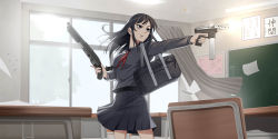 Rule 34 | 1girl, bag, black eyes, black hair, black shirt, black skirt, blouse, bullet, bullet hole, casing ejection, chair, chalkboard, classroom, curtains, day, desk, erikku (kata235), female focus, firing, gun, handgun, highres, holding, indoors, long hair, long sleeves, military operator, muzzle flash, neckerchief, original, pleated skirt, red neckerchief, rifle, school, school bag, school desk, school uniform, serafuku, shell casing, shirt, shotgun, skirt, solo, standing, submachine gun, suppressor, translation request, trigger discipline, upper body, weapon, wind, window