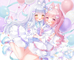 2girls :d animal_ear_fluff animal_ears ankle_ribbon arm_cutout balloon beads blue_flower blue_hair blue_shoes blush bow center_frills commentary_request cup dress drill_hair empty_picture_frame finger_to_cheek flower fork frills full_body gloves hair_beads hair_bow hair_flower hair_ornament highres leg_ribbon long_hair multiple_girls omochi_monaka open_mouth original picture_frame pink_hair puffy_short_sleeves puffy_sleeves purple_bow purple_ribbon rabbit_ears ribbon shoes short_dress short_sleeves smile socks stuffed_animal stuffed_rabbit stuffed_toy teacup twintails very_long_hair white_bow white_dress white_flower white_gloves white_socks yellow_eyes