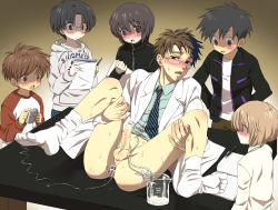 6+boys age_difference anal anal_object_insertion audience black_jacket blush bottomless brown_eyes brown_hair catheter cum double_anal double_insertion erection glasses highres hood hoodie jacket jar lab_coat laboratory lesson m_nyanyan male_focus male_penetrated multiple_anal multiple_boys multiple_insertions necktie object_insertion pen pencil penis penis_milking purple_eyes raglan_sleeves school science sex_toy shirt shota smaller_dominant socks spread_legs striped_clothes striped_neckwear striped_shirt table teacher urethral urethral_insertion vibrator yaoi