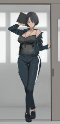 Rule 34 | 1girl, black camisole, black hair, black jacket, black pants, black shirt, black shoes, breasts, camisole, cleavage, collarbone, commentary request, covered erect nipples, crossed legs, eyebrows hidden by hair, full body, hair over one eye, hand up, highres, holding, jacket, kesoshirou, large breasts, long sleeves, looking at viewer, mole, mole under eye, open clothes, open jacket, original, pants, parted lips, shirt, shirt tucked in, shoes, short hair, single bare shoulder, single off shoulder, solo, standing, taut clothes, taut shirt, thick thighs, thigh gap, thighs, track jacket, track suit, watson cross, whistle, whistle around neck