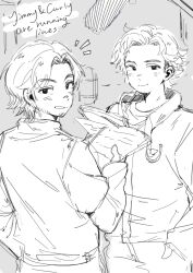 Rule 34 | 2boys, alternate universe, boom microphone, closed mouth, curly (mouthwashing), curly (pre-crash) (mouthwashing), daisuke (mouthwashing), good end, hand up, highres, holding, holding paper, jimmy (mouthwashing), jumpsuit, long sleeves, looking at viewer, microphone, mouthwashing, multiple boys, paki2000, pants, paper, parted bangs, script, smile, upper body