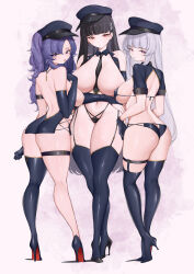 Rule 34 | 3girls, absurdres, alternate costume, ass, back-tie bikini, between breasts, bikini, black footwear, black gloves, black hair, black thighhighs, blue archive, blue headwear, breasts, closed mouth, curvy, elbow gloves, expressionless, female pervert, full body, gloves, grey hair, hat, high heels, highres, huge breasts, lamsass, large breasts, long hair, multiple girls, necktie, necktie between breasts, noa (blue archive), open mouth, peaked cap, pervert, purple eyes, purple hair, red eyes, revealing clothes, rio (blue archive), shiny skin, sideboob, standing, swimsuit, thick thighs, thighhighs, thighs, two side up, wide hips, yuuka (blue archive)