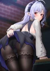 Rule 34 | 1girl, ahoge, ass, black dress, black panties, black pantyhose, blush, clothes lift, commentary request, dress, dress lift, from behind, indoors, komugirakko, looking at viewer, looking back, mole, mole under eye, panties, pantyhose, pointy ears, purple hair, red eyes, solo, underwear, vivian banshee, zenless zone zero
