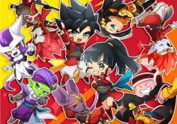 1girl 6+boys android aqua_eyes armor beat_(dragon_ball) black_cape black_hair blunt_bangs breasts cape cat_boy chamel_(dragon_ball) chibi circlet cleavage cleavage_cutout closed_eyes clothing_cutout colored_sclera colored_skin demon_boy dragon_ball dragon_ball_heroes earrings fat fat_man fingerless_gloves floating_cape floating_clothes floating_hair froze_(dragon_ball) furry furry_male gamubanku gloves gold_armlet gold_circlet green_skin grey_eyes grin holding holding_staff horns jewelry kabra_(dragon_ball) kaioushin knight long_hair looking_at_viewer looking_back medium_breasts monkey_boy monkey_girl monkey_tail multiple_boys namekian nimu_(dragon_ball) note_(dragon_ball) one_eye_closed orange_eyes pink_skin pointing pointy_ears ponytail potara_earrings purple_eyes purple_skin purple_tail purple_turban red_armor red_eyes red_gloves red_hair red_ribbon_army reptile_boy saiyan shandy_(dragon_ball) short_hair smile spiked_hair staff tail teeth trait_connection tsumuri_(dragon_ball) turban usekh_collar very_long_hair white_skin yellow_sclera zen_(dragon_ball)
