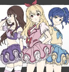 3girls :o aikatsu! aikatsu!_(series) blonde_hair blue_eyes blue_hair blue_neckerchief blue_skirt bow brown_hair commentary_request cowboy_shot frilled_skirt frills ginjiro_(ginjiroxx) hair_bow hair_lift hair_ornament hair_scrunchie hand_on_own_hip hand_up highres hoshimiya_ichigo idol_clothes kiriya_aoi layered_skirt long_hair looking_at_viewer multiple_girls navel neckerchief necktie open_mouth pink_skirt pink_vest profile purple_eyes purple_shirt purple_skirt red_bow red_eyes red_necktie scrunchie shibuki_ran shirt short_sleeves side_ponytail skirt smile standing vest white_shirt yellow_shirt