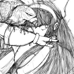 1girl ainu_clothes arm_up artist_name black_hair breasts fingerless_gloves gloves hair_ribbon highres long_hair mamahaha monochrome nakoruru ribbon samurai_spirits serious sketch small_breasts snk the_king_of_fighters traditional_media weapon
