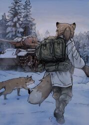 1girl absurdres animal_ears backpack bag battle_rifle boots brown_eyes brown_hair camouflage camouflage_pants fox fox_ears fox_girl fox_girl_(yihan_world) fox_tail gun highres holding holding_gun holding_weapon jacket m14 m21 m24_chaffee military_vehicle motor_vehicle original pants ponytail rifle snow tail tank tongue tongue_out tree weapon white_jacket yihan_world