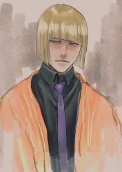 1boy black_shirt bleach blonde_hair blunt_bangs blunt_ends bob_cut closed_mouth collared_shirt hail_stan haori highres hirako_shinji japanese_clothes looking_to_the_side male_focus necktie orange_haori purple_necktie shirt short_hair solo upper_body yellow_eyes