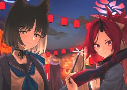4girls absurdres animal_ear_fluff animal_ears blue_archive blue_haori blue_neckerchief blue_sailor_collar cat_ears cat_tail closed_mouth from_behind gun halo haori highres holding holding_gun holding_weapon horns japanese_clothes kikyou_(blue_archive) kirisame_(101642412) lantern multiple_girls nagusa_(blue_archive) neckerchief night paper_lantern purple_hair purple_halo red_eyes red_hair renge_(blue_archive) rifle sailor_collar shirt single_horn smile tail weapon white_hair white_halo white_shirt yukari_(blue_archive)