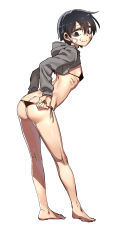 1boy adjusting_clothes ass bags_under_eyes bandage_on_face bandages bandaid bandaid_on_cheek bandaid_on_face barefoot bikini black_eyes black_hair butt_crack cropped_hoodie crossdressing from_behind highres hood hood_down hoodie lee_hoon looking_down male_focus meme_attire parkgee side-tie_bikini_bottom simple_background skinny solo suicide_boy swimsuit trap white_background