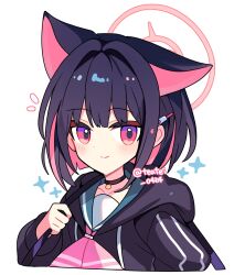 1girl animal_ears black_choker black_hair black_hoodie blue_archive blush cat_ears choker closed_mouth collarbone colored_inner_animal_ears colored_inner_hair commentary cropped_torso extra_ears green_sailor_collar halo highres hood hood_down hoodie kazusa_(blue_archive) looking_at_viewer multicolored_hair neckerchief pink_hair pink_neckerchief red_eyes red_halo sailor_collar shirocha_tei short_hair simple_background smile solo twitter_username two-tone_hair white_background