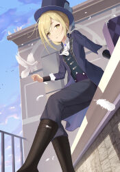 1girl absurdres ascot bird black_boots black_coat black_hat black_pants black_vest blue_bow blue_sky boots bow building coat collared_shirt dove falling_feathers feathers feet_out_of_frame from_below from_side grey_eyes grey_hair hair_bun hand_up hat hat_bow highres inshi outdoors pants pants_tucked_in parted_lips railing reverse:1999 shirt single_side_bun sitting sky solo vertin_(reverse:1999) vest white_ascot white_bird white_shirt