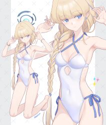 Rule 34 | 1girl, bare shoulders, blonde hair, blue archive, blue eyes, blush, braid, braided ponytail, breasts, cleavage, covered navel, dan (kumadan), halo, highres, long hair, looking at viewer, medium breasts, one-piece swimsuit, swimsuit, toki (blue archive), white one-piece swimsuit, zoom layer