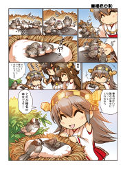 10s 3girls ^_^ bird black_hair brown_hair chibi closed_eyes comic detached_sleeves eating eggshell_hat closed_eyes food haruna_(kancolle) hisahiko japanese_clothes kantai_collection kongou_(kancolle) multiple_girls nagato_(kancolle) nest nontraditional_miko onigiri pillow red_eyes revision rice sleeping translation_request
