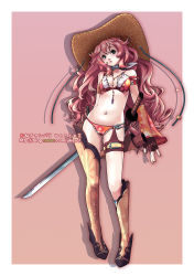 1girl absurdres aya_(oneechanbara) bikini bikini_top_only boots female_focus flower green_eyes hat highres jewelry katana legs lips long_hair lowleg nail_polish navel navel_piercing necklace oneechanbara piercing red_eyes rose single_thighhigh solo stampede_string swimsuit sword thigh_strap thighhighs ukero weapon
