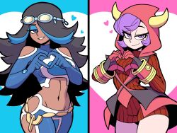 2girls bean52623818 black_hair blue_eyes blue_hair blush breasts courtney_(pokemon) crop_top dark-skinned_female dark_skin dress fake_horns gloves goggles goggles_on_head hair_over_one_eye heart heart_hands highres hood hood_up hoodie horned_headwear horned_hood horns large_breasts long_hair long_sleeves looking_at_viewer makeup midriff multicolored_hair multiple_girls navel nintendo pokemon pokemon_oras purple_eyes purple_hair ribbed_sweater shelly_(pokemon) short_hair smile sweater team_aqua team_magma team_magma_uniform two-tone_hair