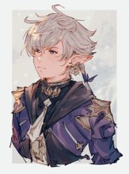 1boy alphinaud_leveilleur black_shirt blue_jacket closed_mouth cropped_torso earrings elezen elf final_fantasy final_fantasy_xiv grey_eyes grey_hair hutaba_0718 jacket jewelry long_pointy_ears long_sleeves looking_ahead low_ponytail male_focus necktie parted_bangs piercing pointy_ears ponytail serious shirt single_earring solo white_necktie