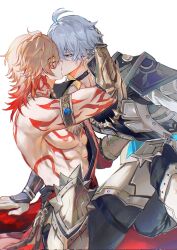 Rule 34 | 2boys, abs, antenna hair, arm tattoo, armlet, armor, armored boots, bare pectorals, black choker, black coat, black pants, black shirt, blonde hair, blue cape, boots, braid, cape, chest tattoo, choker, closed eyes, coat, facial tattoo, gold necklace, gradient hair, hair between eyes, hand on another&#039;s head, hashtag-only commentary, highres, honkai: star rail, honkai (series), jewelry, kiss, looking at another, male focus, medium hair, multicolored hair, multiple boys, mydei (honkai: star rail), necklace, open clothes, open coat, pants, parted bangs, pauldrons, pectorals, phainon (honkai: star rail), qiaose33912, red hair, red tattoo, shirt, short hair, shoulder armor, side braid, single pauldron, tattoo, toned, toned male, white coat, white hair, yaoi