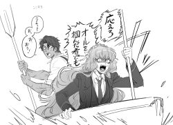 1boy 1girl anger_vein angry boat bow collared_shirt dress_shirt formal_clothes freckles furious greyscale hair_bow hairband heathcliff_(project_moon) highres holding holding_paddle ishmael_(project_moon) jacket kudomiya lapels limbus_company long_hair monochrome necktie paddle project_moon rowing sanpaku scar scar_on_arm shirt short_hair suit_jacket translation_request very_long_hair watercraft