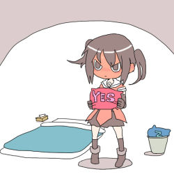 10s 1girl bed blush brown_eyes brown_hair female_focus full-face_blush futon kantai_collection looking_at_viewer no pillow ryou-san school_uniform sendai_(kancolle) solo tissue tissue_box translation_request twintails two_side_up yes yes-no_pillow