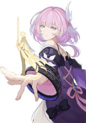 1boy 1girl bare_shoulders blue_eyes coat cyrene_(honkai:_star_rail) dress f_ron hashtag-only_commentary highres holding holding_sword holding_weapon honkai:_star_rail honkai_(series) medium_hair multicolored_hair pants phainon_(honkai:_star_rail) pink_hair pink_pupils purple_coat simple_background smile sword two-tone_hair weapon white_background white_dress white_hair