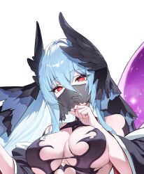 Rule 34 | 1girl, bare shoulders, black veil, black wings, blue hair, breasts, cleavage, feathered wings, finger to mouth, guegue, head wings, highres, large breasts, long hair, looking at viewer, mouth veil, original, parted lips, red eyes, simple background, skindentation, solo, veil, white background, wings