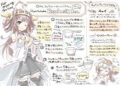 10s 1girl ahoge bad_id bad_pixiv_id bare_shoulders black_tea brown_hair closed_eyes cup double_bun english_text female_focus grey_eyes hair_bun hairband hizuki_yayoi kantai_collection kongou_(kancolle) milk_carton nontraditional_miko open_mouth pot recipe saucer simple_background skirt smile solo tea teacup translation_request wide_sleeves