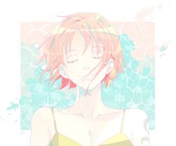 1girl absurdres arm_tattoo border camisole closed_eyes closed_mouth commentary highres nami_(one_piece) ocean one_piece orange_hair sanam_1piece short_hair solo symbol-only_commentary tattoo upper_body white_border yellow_camisole