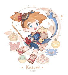 1girl :d animal asymmetrical_hair blue_eyes blush chibi corsola dratini eyelashes eyewear_on_head fingerless_gloves fishing_rod gen_1_pokemon gen_2_pokemon gloves goggles goggles_on_head goldeen holding horsea jacket koyii-kong magikarp male_focus misty_(pokemon) nintendo open_mouth orange_hair pokemon politoed ponytail psyduck red_gloves shirt shoes short_hair shorts side_ponytail smile solo staryu suspenders togepi