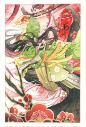 1girl absurdly_long_hair bird bird_on_instrument black_hair border card_(medium) closed_eyes commentary floral_print floral_print_kimono flower flute green_kimono hanafuda highres hikimayu holding holding_flute holding_instrument in_tree instrument japanese_bush_warbler japanese_clothes kimono long_hair music open_mouth original painting_(medium) paper playing_flute playing_instrument plum_blossom_print plum_blossoms print_kimono red_flower s.tokimura signature sitting sitting_in_tree solo traditional_media tree very_long_hair watercolor_(medium) white_border white_flower wide_sleeves