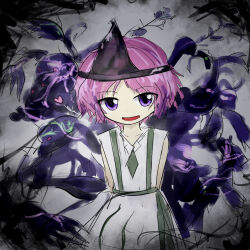 1other androgynous arms_behind_back bare_arms bare_shoulders child collarbone commentary_request cowboy_shot darkness dot_nose dress energy_wings grey_background kuroda_(kurota_ne) len&#039;en looking_at_viewer official_style open_mouth other_focus parted_bangs pink_hair purple_eyes purple_wings shion_(len&#039;en) short_hair sleeveless sleeveless_dress smile solo standing triangular_headpiece white_dress wings