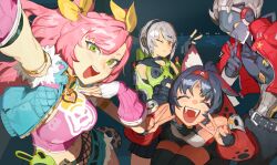 Rule 34 | 1boy, 3girls, anby demara, billy kid, closed eyes, denim vest, double v, grey hair, group picture, highres, humanoid robot, jacket, kanalit5, looking at viewer, multicolored sleeves, multiple girls, nekomiya mana, nicole demara, nicole demara (cunning cutie), pink tube top, red jacket, robot, robot boy, strapless, tube top, v, zenless zone zero