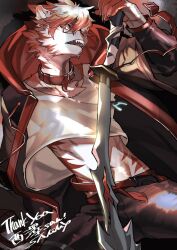 1boy animal_collar black_background body_fur brown_coat claws coat collar commentary commission cowboy_shot cropped_shirt english_commentary furry furry_male glasses high_collar holding holding_sword holding_weapon looking_at_viewer male_focus midriff open_mouth original red_eyes red_fur sammy_(freezingsammy) skeb_commission solo sword tiger_boy weapon
