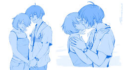 1boy 1girl ahoge artist_name blue_theme blush breasts camisole choker closed_eyes commentary couple cowboy_shot crying denim digital_media_player earphones_removed english_commentary flipped_hair from_side hands_on_another&#039;s_shoulders hetero holding_hands jeans kiss monochrome multiple_views paaaatchieee pants parted_lips persona persona_3 shirt short_hair short_sleeves simple_background small_breasts smile spaghetti_strap takeba_yukari tears upper_body watch wristwatch yuuki_makoto_(persona_3)